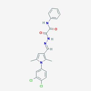 molecular formula C21H18Cl2N4O2 B313411 2-[(2E)-2-{[1-(3,4-dichlorophenyl)-2,5-dimethyl-1H-pyrrol-3-yl]methylidene}hydrazinyl]-2-oxo-N-phenylacetamide 