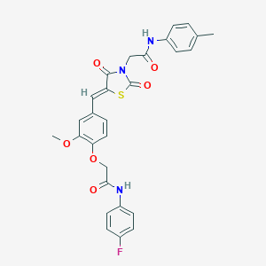 molecular formula C28H24FN3O6S B313417 2-[4-({2,4-dioxo-3-[2-oxo-2-(4-toluidino)ethyl]-1,3-thiazolidin-5-ylidene}methyl)-2-methoxyphenoxy]-N-(4-fluorophenyl)acetamide 