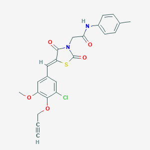 molecular formula C23H19ClN2O5S B313418 2-{5-[3-chloro-5-methoxy-4-(2-propynyloxy)benzylidene]-2,4-dioxo-1,3-thiazolidin-3-yl}-N-(4-methylphenyl)acetamide 