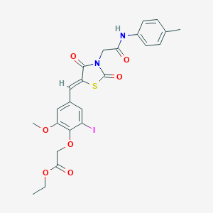 molecular formula C24H23IN2O7S B313422 Ethyl [4-({2,4-dioxo-3-[2-oxo-2-(4-toluidino)ethyl]-1,3-thiazolidin-5-ylidene}methyl)-2-iodo-6-methoxyphenoxy]acetate 