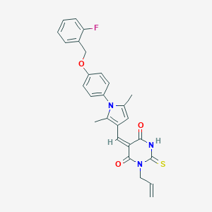 molecular formula C27H24FN3O3S B313450 (5E)-5-[(1-{4-[(2-fluorobenzyl)oxy]phenyl}-2,5-dimethyl-1H-pyrrol-3-yl)methylidene]-1-(prop-2-en-1-yl)-2-thioxodihydropyrimidine-4,6(1H,5H)-dione 