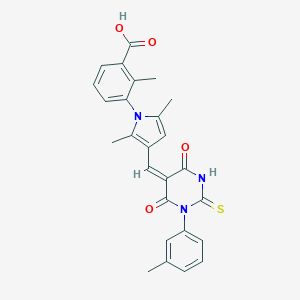 molecular formula C26H23N3O4S B313471 3-{2,5-dimethyl-3-[(1-(3-methylphenyl)-4,6-dioxo-2-thioxotetrahydro-5(2H)-pyrimidinylidene)methyl]-1H-pyrrol-1-yl}-2-methylbenzoic acid 