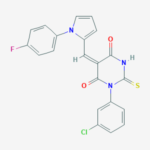 molecular formula C21H13ClFN3O2S B313474 1-(3-chlorophenyl)-5-{[1-(4-fluorophenyl)-1H-pyrrol-2-yl]methylene}-2-thioxodihydro-4,6(1H,5H)-pyrimidinedione 