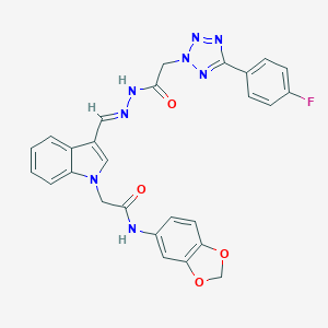 molecular formula C27H21FN8O4 B313493 N-(1,3-benzodioxol-5-yl)-2-[3-(2-{[5-(4-fluorophenyl)-2H-tetraazol-2-yl]acetyl}carbohydrazonoyl)-1H-indol-1-yl]acetamide 