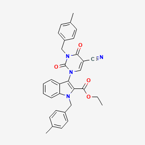 Ethyl 3-[5-cyano-3-[(4-methylphenyl)methyl]-2,4-dioxopyrimidin-1-yl]-1-[(4-methylphenyl)methyl]indole-2-carboxylate