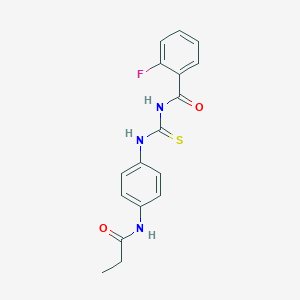 molecular formula C17H16FN3O2S B313598 2-fluoro-N-{[4-(propanoylamino)phenyl]carbamothioyl}benzamide 