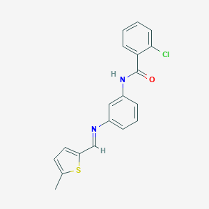 molecular formula C19H15ClN2OS B313648 2-chloro-N-(3-{[(5-methyl-2-thienyl)methylene]amino}phenyl)benzamide 