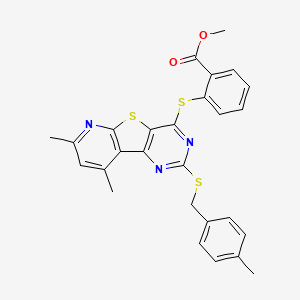 molecular formula C27H23N3O2S3 B3137638 2-({7,9-二甲基-2-[(4-甲基苄基)硫代]吡啶并[3',2':4,5]噻吩并[3,2-d]嘧啶-4-基}硫代)苯甲酸甲酯 CAS No. 439110-64-2