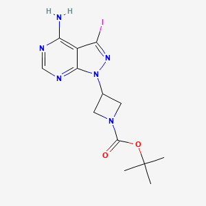 molecular formula C13H17IN6O2 B3138602 3-(4-Amino-3-iodo-pyrazolo[3,4-d]pyrimidin-1-yl)-azetidine-1-carboxylic acid tert-butyl ester CAS No. 461699-22-9