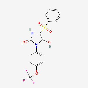 molecular formula C16H13F3N2O5S B3139575 4-(Benzenesulfonyl)-5-hydroxy-1-[4-(trifluoromethoxy)phenyl]imidazolidin-2-one CAS No. 477848-57-0