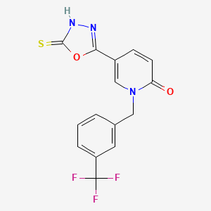 molecular formula C15H10F3N3O2S B3139665 5-(5-sulfanyl-1,3,4-oxadiazol-2-yl)-1-[3-(trifluoromethyl)benzyl]-2(1H)-pyridinone CAS No. 477852-99-6