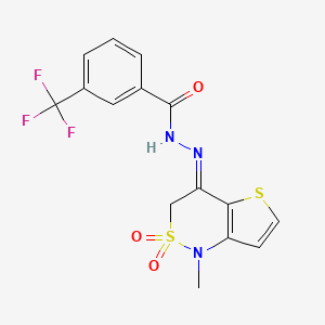 molecular formula C15H12F3N3O3S2 B3139753 N-[(E)-(1-methyl-2,2-dioxothieno[3,2-c]thiazin-4-ylidene)amino]-3-(trifluoromethyl)benzamide CAS No. 477855-32-6