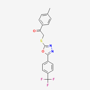 molecular formula C18H13F3N2O2S B3139828 1-(4-Methylphenyl)-2-({5-[4-(trifluoromethyl)phenyl]-1,3,4-oxadiazol-2-yl}sulfanyl)-1-ethanone CAS No. 477857-02-6