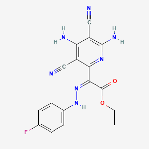 molecular formula C17H14FN7O2 B3139921 ethyl (2Z)-2-(4,6-diamino-3,5-dicyanopyridin-2-yl)-2-[(4-fluorophenyl)hydrazinylidene]acetate CAS No. 477859-80-6