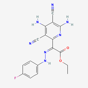 molecular formula C17H14FN7O2 B3139921 乙酸乙酯 (2Z)-2-(4,6-二氨基-3,5-二氰基吡啶-2-基)-2-[(4-氟苯基)腙基]乙酯 CAS No. 477859-80-6