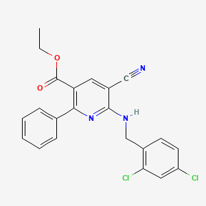 molecular formula C22H17Cl2N3O2 B3140061 Ethyl 5-cyano-6-((2,4-dichlorobenzyl)amino)-2-phenylnicotinate CAS No. 477866-13-0