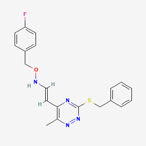 molecular formula C20H19FN4OS B3140079 3-(Benzylsulfanyl)-5-(2-(((4-fluorobenzyl)oxy)amino)vinyl)-6-methyl-1,2,4-triazine CAS No. 477866-63-0