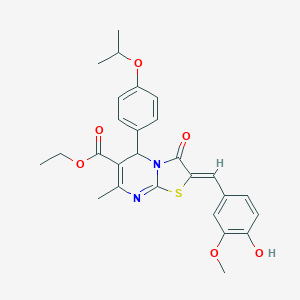 molecular formula C27H28N2O6S B314008 ethyl 2-(4-hydroxy-3-methoxybenzylidene)-5-(4-isopropoxyphenyl)-7-methyl-3-oxo-2,3-dihydro-5H-[1,3]thiazolo[3,2-a]pyrimidine-6-carboxylate 