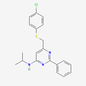 molecular formula C20H20ClN3S B3140104 6-(((4-Chlorophenyl)sulfanyl)methyl)-N-isopropyl-2-phenyl-4-pyrimidinamine CAS No. 477867-09-7