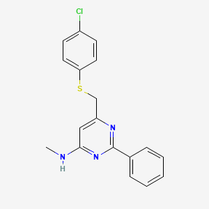 molecular formula C18H16ClN3S B3140112 6-(((4-Chlorophenyl)sulfanyl)methyl)-N-methyl-2-phenyl-4-pyrimidinamine CAS No. 477867-15-5