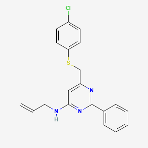 molecular formula C20H18ClN3S B3140117 N-烯丙基-6-(((4-氯苯基)硫代)甲基)-2-苯基-4-嘧啶胺 CAS No. 477867-16-6