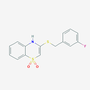 molecular formula C15H12FNO2S2 B3140182 3-[(3-fluorobenzyl)sulfanyl]-1lambda~6~,4-benzothiazine-1,1(4H)-dione CAS No. 477868-92-1