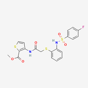 molecular formula C20H17FN2O5S3 B3140184 Methyl 3-({2-[(2-{[(4-fluorophenyl)sulfonyl]amino}phenyl)sulfanyl]acetyl}amino)-2-thiophenecarboxylate CAS No. 477869-08-2