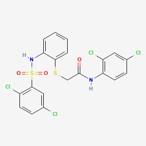 molecular formula C20H14Cl4N2O3S2 B3140191 N-(2,4-dichlorophenyl)-2-[(2-{[(2,5-dichlorophenyl)sulfonyl]amino}phenyl)sulfanyl]acetamide CAS No. 477869-10-6