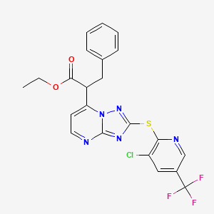 molecular formula C22H17ClF3N5O2S B3140225 Ethyl 2-(2-{[3-chloro-5-(trifluoromethyl)-2-pyridinyl]sulfanyl}[1,2,4]triazolo[1,5-a]pyrimidin-7-yl)-3-phenylpropanoate CAS No. 477869-95-7
