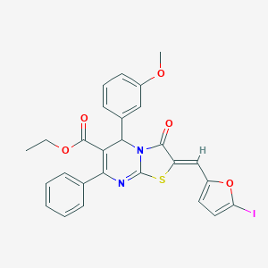 molecular formula C27H21IN2O5S B314034 ethyl (2Z)-2-[(5-iodofuran-2-yl)methylidene]-5-(3-methoxyphenyl)-3-oxo-7-phenyl-2,3-dihydro-5H-[1,3]thiazolo[3,2-a]pyrimidine-6-carboxylate 