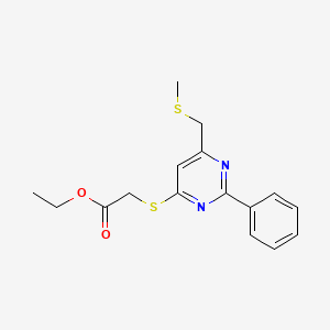 molecular formula C16H18N2O2S2 B3140406 Ethyl 2-({6-[(methylsulfanyl)methyl]-2-phenyl-4-pyrimidinyl}sulfanyl)acetate CAS No. 477886-22-9