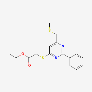 molecular formula C16H18N2O2S2 B3140406 2-({6-[(甲硫基)甲基]-2-苯基-4-嘧啶基}硫代)乙酸乙酯 CAS No. 477886-22-9