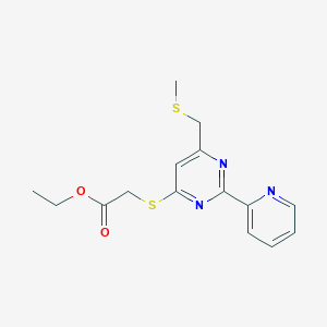 molecular formula C15H17N3O2S2 B3140409 Ethyl 2-((6-((methylsulfanyl)methyl)-2-(2-pyridinyl)-4-pyrimidinyl)sulfanyl)acetate CAS No. 477886-24-1