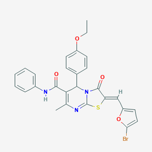 molecular formula C27H22BrN3O4S B314043 2-[(5-bromo-2-furyl)methylene]-5-(4-ethoxyphenyl)-7-methyl-3-oxo-N-phenyl-2,3-dihydro-5H-[1,3]thiazolo[3,2-a]pyrimidine-6-carboxamide 