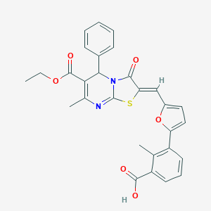 molecular formula C29H24N2O6S B314048 3-(5-{(Z)-[6-(ethoxycarbonyl)-7-methyl-3-oxo-5-phenyl-5H-[1,3]thiazolo[3,2-a]pyrimidin-2(3H)-ylidene]methyl}-2-furyl)-2-methylbenzoic acid 