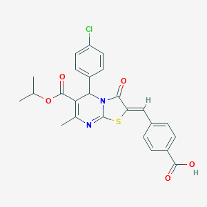 molecular formula C25H21ClN2O5S B314050 4-{(Z)-[5-(4-chlorophenyl)-7-methyl-3-oxo-6-[(propan-2-yloxy)carbonyl]-5H-[1,3]thiazolo[3,2-a]pyrimidin-2(3H)-ylidene]methyl}benzoic acid 