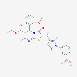 molecular formula C31H29N3O6S B314051 3-{3-[(6-(ethoxycarbonyl)-5-(2-methoxyphenyl)-7-methyl-3-oxo-5H-[1,3]thiazolo[3,2-a]pyrimidin-2(3H)-ylidene)methyl]-2,5-dimethyl-1H-pyrrol-1-yl}benzoic acid 