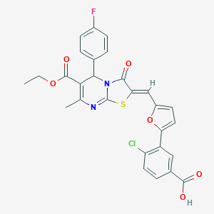molecular formula C28H20ClFN2O6S B314055 4-chloro-3-(5-{(Z)-[6-(ethoxycarbonyl)-5-(4-fluorophenyl)-7-methyl-3-oxo-5H-[1,3]thiazolo[3,2-a]pyrimidin-2(3H)-ylidene]methyl}-2-furyl)benzoic acid 
