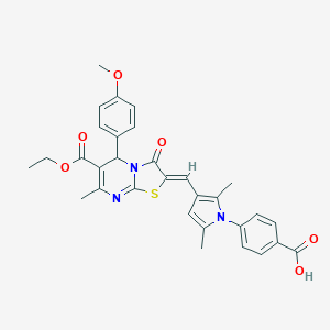 molecular formula C31H29N3O6S B314058 4-{3-[(6-(ethoxycarbonyl)-5-(4-methoxyphenyl)-7-methyl-3-oxo-5H-[1,3]thiazolo[3,2-a]pyrimidin-2(3H)-ylidene)methyl]-2,5-dimethyl-1H-pyrrol-1-yl}benzoic acid 