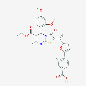 4-{5-[(5-(2,4-dimethoxyphenyl)-6-(ethoxycarbonyl)-7-methyl-3-oxo-5H-[1,3]thiazolo[3,2-a]pyrimidin-2(3H)-ylidene)methyl]-2-furyl}-3-methylbenzoic acid