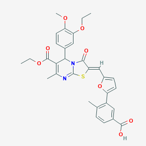 molecular formula C32H30N2O8S B314065 3-{5-[(6-(ethoxycarbonyl)-5-(3-ethoxy-4-methoxyphenyl)-7-methyl-3-oxo-5H-[1,3]thiazolo[3,2-a]pyrimidin-2(3H)-ylidene)methyl]-2-furyl}-4-methylbenzoic acid 
