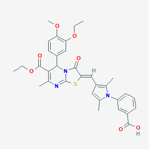 molecular formula C33H33N3O7S B314066 3-{3-[(6-(ethoxycarbonyl)-5-(3-ethoxy-4-methoxyphenyl)-7-methyl-3-oxo-5H-[1,3]thiazolo[3,2-a]pyrimidin-2(3H)-ylidene)methyl]-2,5-dimethyl-1H-pyrrol-1-yl}benzoic acid 