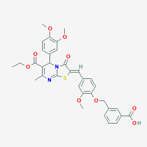molecular formula C34H32N2O9S B314068 3-({4-[(5-(3,4-dimethoxyphenyl)-6-(ethoxycarbonyl)-7-methyl-3-oxo-5H-[1,3]thiazolo[3,2-a]pyrimidin-2(3H)-ylidene)methyl]-2-methoxyphenoxy}methyl)benzoic acid 