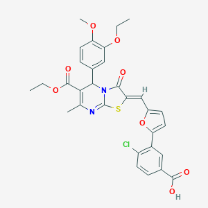 molecular formula C31H27ClN2O8S B314069 4-chloro-3-{5-[(6-(ethoxycarbonyl)-5-(3-ethoxy-4-methoxyphenyl)-7-methyl-3-oxo-5H-[1,3]thiazolo[3,2-a]pyrimidin-2(3H)-ylidene)methyl]-2-furyl}benzoic acid 