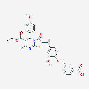 molecular formula C33H30N2O8S B314072 3-({4-[(6-(ethoxycarbonyl)-5-(4-methoxyphenyl)-7-methyl-3-oxo-5H-[1,3]thiazolo[3,2-a]pyrimidin-2(3H)-ylidene)methyl]-2-methoxyphenoxy}methyl)benzoic acid 
