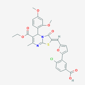 molecular formula C30H25ClN2O8S B314074 4-chloro-3-{5-[(5-(2,4-dimethoxyphenyl)-6-(ethoxycarbonyl)-7-methyl-3-oxo-5H-[1,3]thiazolo[3,2-a]pyrimidin-2(3H)-ylidene)methyl]-2-furyl}benzoic acid 