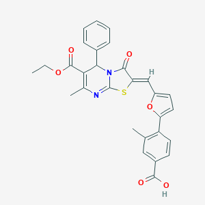 molecular formula C29H24N2O6S B314078 4-(5-{(Z)-[6-(ethoxycarbonyl)-7-methyl-3-oxo-5-phenyl-5H-[1,3]thiazolo[3,2-a]pyrimidin-2(3H)-ylidene]methyl}furan-2-yl)-3-methylbenzoic acid 