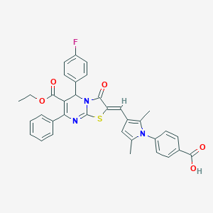 molecular formula C35H28FN3O5S B314079 4-{3-[(6-(ethoxycarbonyl)-5-(4-fluorophenyl)-3-oxo-7-phenyl-5H-[1,3]thiazolo[3,2-a]pyrimidin-2(3H)-ylidene)methyl]-2,5-dimethyl-1H-pyrrol-1-yl}benzoic acid 