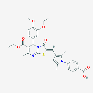 molecular formula C33H33N3O7S B314080 4-{3-[(6-(ethoxycarbonyl)-5-(3-ethoxy-4-methoxyphenyl)-7-methyl-3-oxo-5H-[1,3]thiazolo[3,2-a]pyrimidin-2(3H)-ylidene)methyl]-2,5-dimethyl-1H-pyrrol-1-yl}benzoic acid 