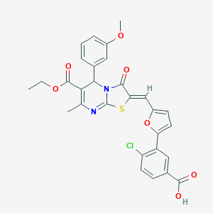 molecular formula C29H23ClN2O7S B314082 4-chloro-3-{5-[(6-(ethoxycarbonyl)-5-(3-methoxyphenyl)-7-methyl-3-oxo-5H-[1,3]thiazolo[3,2-a]pyrimidin-2(3H)-ylidene)methyl]-2-furyl}benzoic acid 